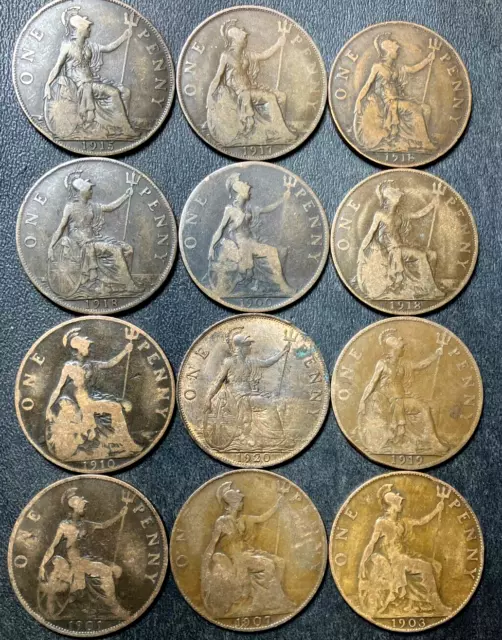 Vintage Great Britain Coin Lot - 1900-1920 - 12 Excellent Old Pennies - Lot #M28