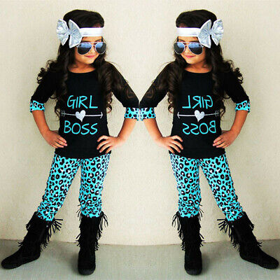 Cool Girls Outfits Kids Clothes Letter Print T-Shirt Tops+Leopard Pants Set 3-6Y