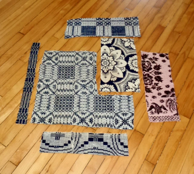 6 Small Antique Blue Cream Coverlet Pieces Woven Textiles Eagle Craft Scrap Aafa