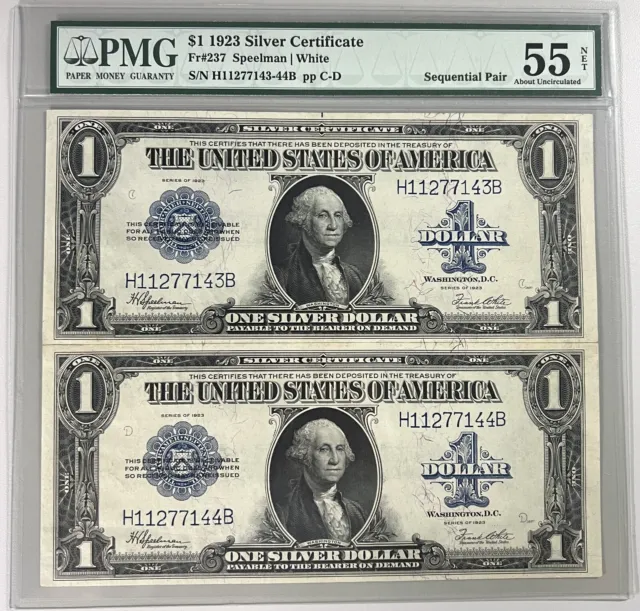 1923 $1 Silver Certificate SEQUENTIAL PAIR IN PMG HOLDER Fr. 237 PMG 55 NET