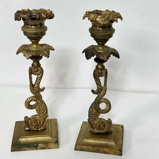 Antique Gold Ormolu Dolphin Candlesticks French Gilded Bronze Koi Fish