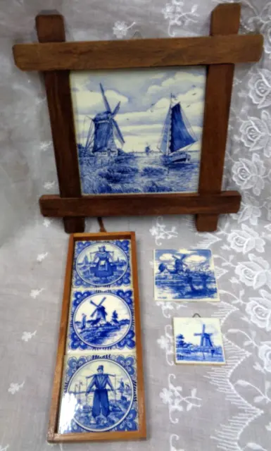 Vtg DELFT & Delft Like Blue and White PICTURE Tile Wood Frame Picture Lot/4 pcs