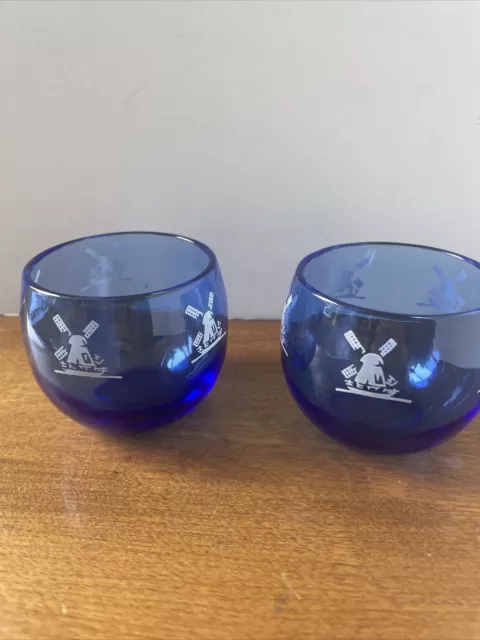 2 Hazel Atlas Windmills Cobalt Blue Roly Poly Drink Tumbler Glass
