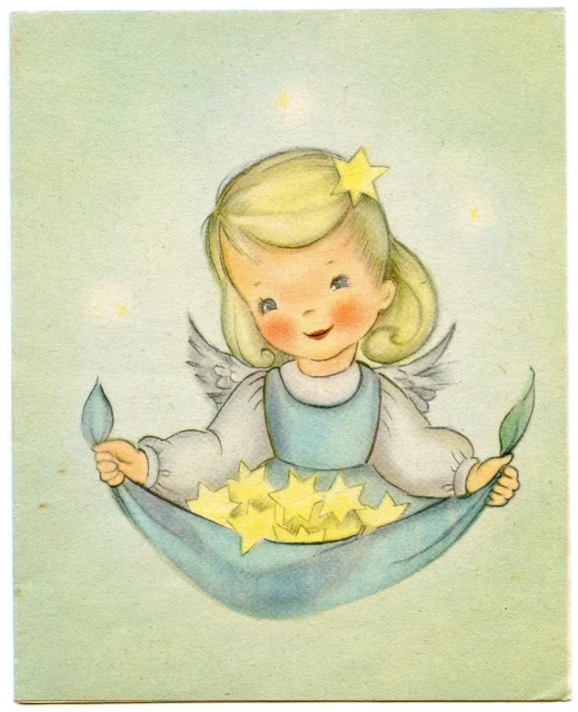 Girl Angel Apron Full of Stars Vintage 1946 1940's Christmas Greeting Card Girl Angel Apron Full of Stars Vintage 1946 1940's Christmas Greeting Card