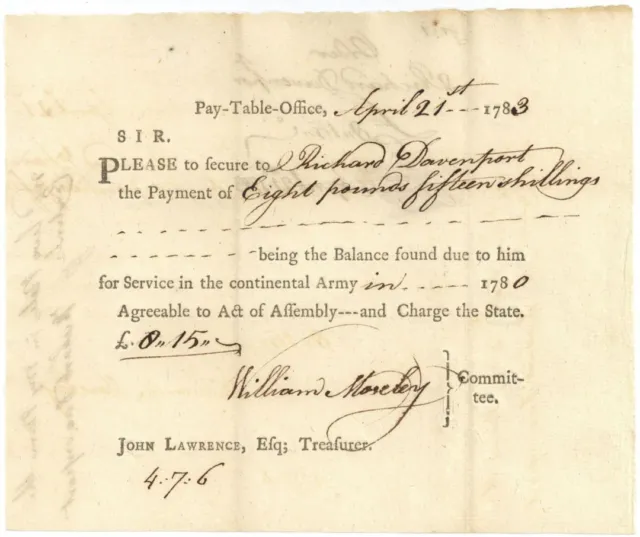 Revolutionary War Payment Order dated 1780's for Service in the Continental Army