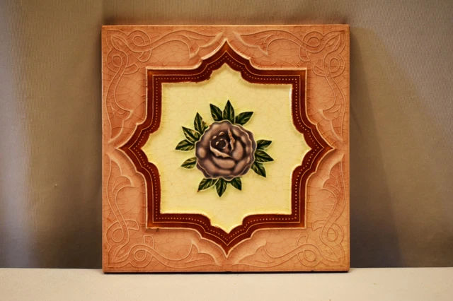 Vintage Japan Saji Tile Porcelain Ceramic Purple Rose Green Leaf Art Nouveau"905