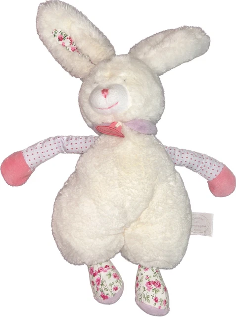 DOUDOU ET COMPAGNIE LAPIN Écru Rose Pattes Fleuries Bébé  -TBE