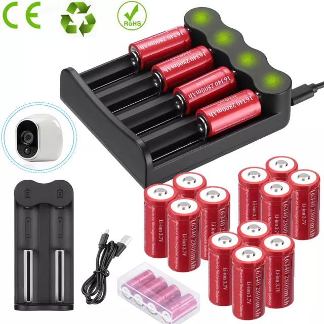 Lot 2800mAh 16340 CR123A Lithium Li-ion 3.7V Rechargeable Battery / USB Charger