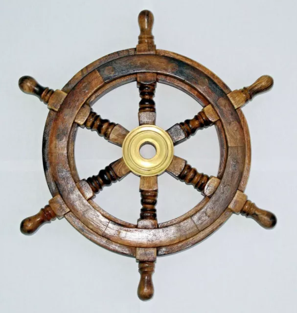 NEW 12" Nautical Wooden Ship Steering Wheel Decor Wood With Brass Inlay Round