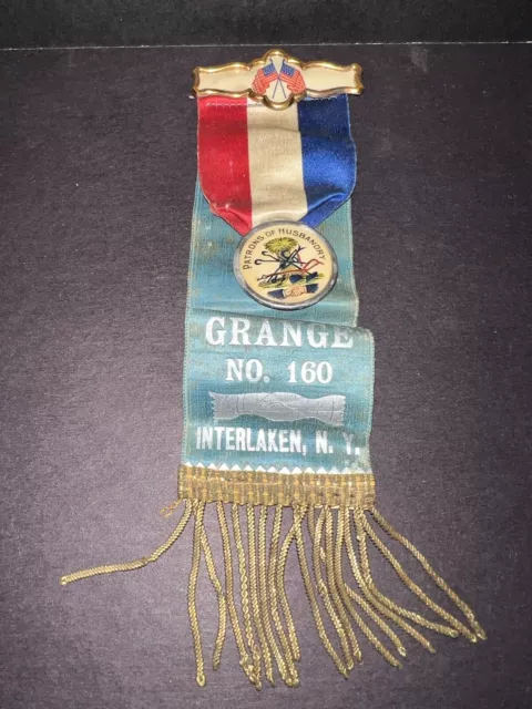 Antique Patrons Of Husbandry Medal Ribbon Grange 160 Interlaken New York 1900s