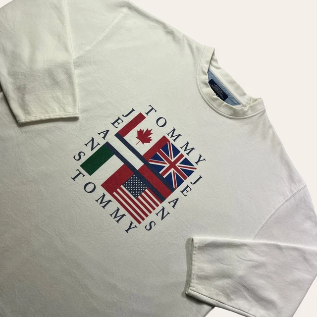 TOMMY JEANS VTG 90s Sweatshirt Mens L Fits XL White Big Logo Flags
