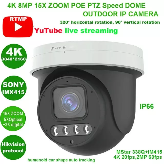 4K 8MP POE PTZ IP Speed Dome Auto Tracking Security Camera 15X Zoom 2-Way Audio