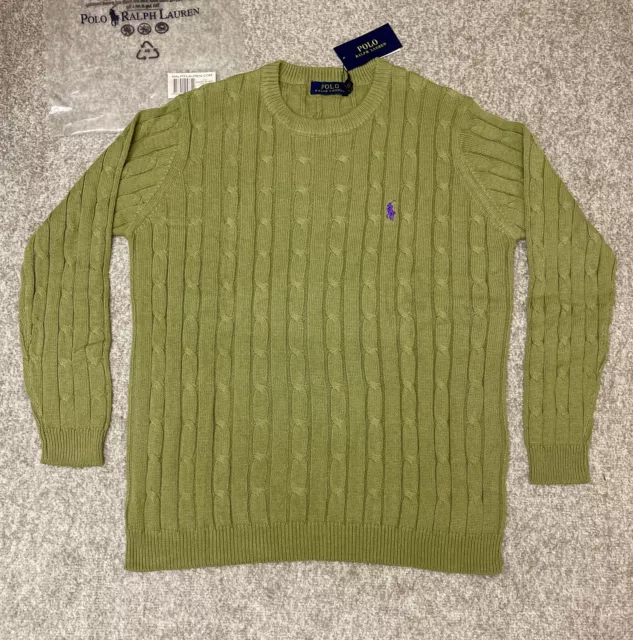 Men's Polo Cable Knit Jumper Long Sleeve Sweater In Olive Geen