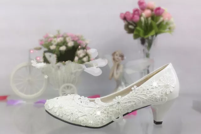 Lace white ivory crystal Women's Wedding shoes Bridal flats low high heel pump