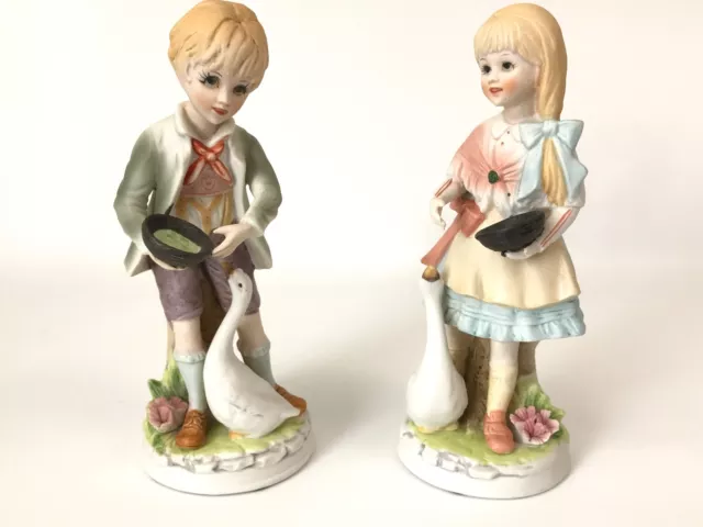 Vintage Set LENWILE ARDALT BISQUE Porcelain BOY & GIRL Feeding Goose 7.5" High