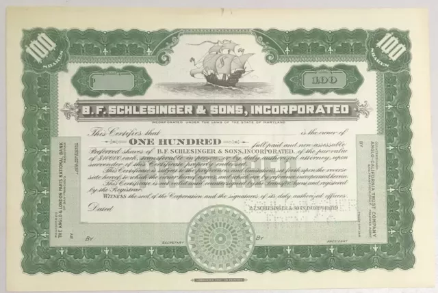 1927 B.F. SCHLESINGER & SONS INC Preferred Stock Certificate Oakland California