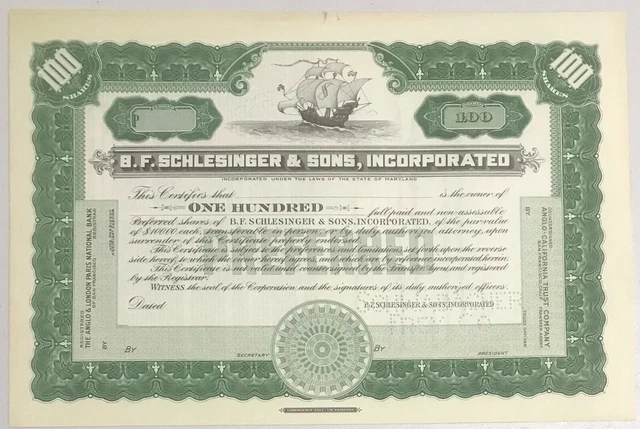 1927 B.F. SCHLESINGER & SONS INC Preferred Stock Certificate Oakland California