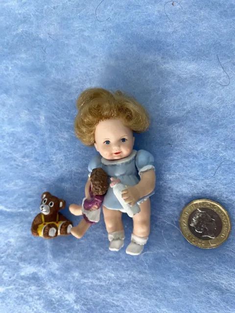 Vintage Miniature Baby doll and teddy Dolls House Doll Nursery
