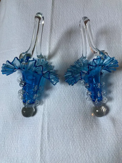 Antique Glass Pair of Epergne Hanging Baskets Blue and Clear ! Really Pretty !