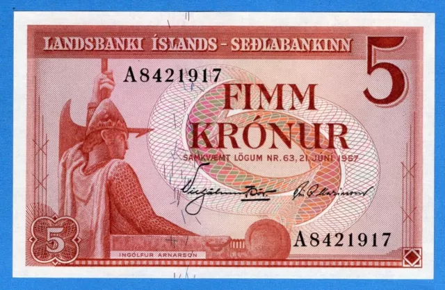Iceland 1957 Unc Banknote 5 Kronur Uncirculated, Central Bank, Norwegian Viking