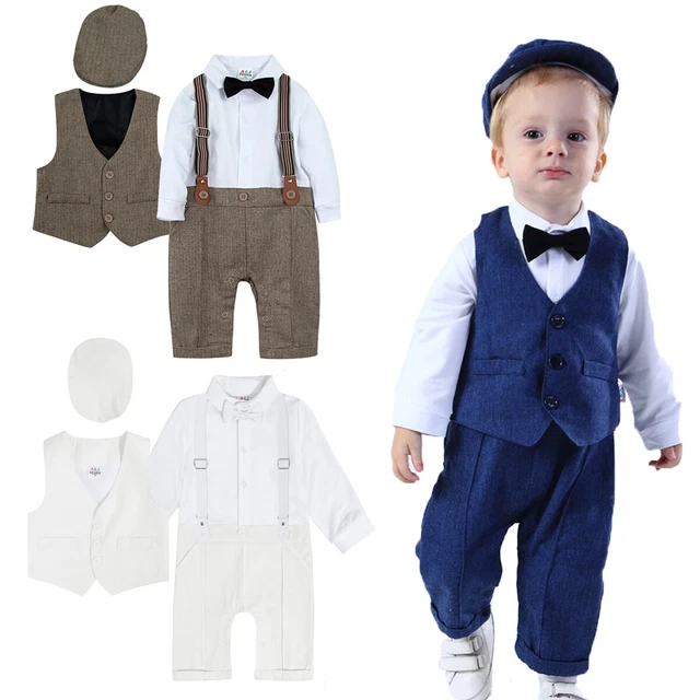 Newborn Outfits Set Infant Wedding Party Tuxedo Baby Boy Formal Suit Romper+Hat