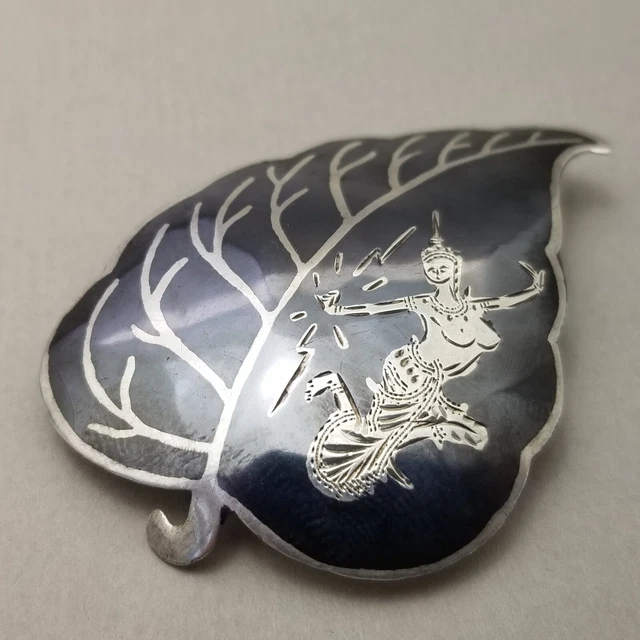 Vintage SIAM Solid Sterling Silver Niello Enamel Leaf Pin Brooch - 6.8g