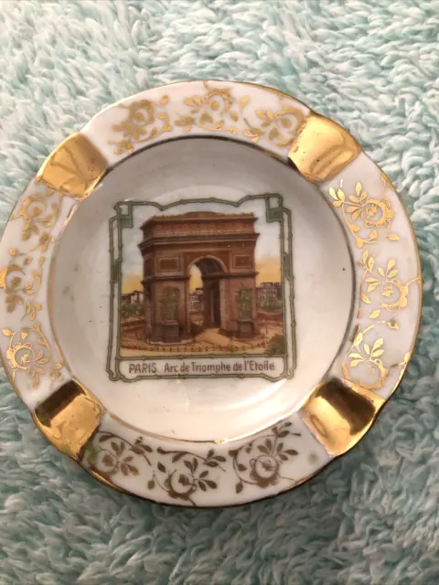 Vintage Limoges France Porcelain Ashtray Arc De Triomphe Souvenir Gold Paris