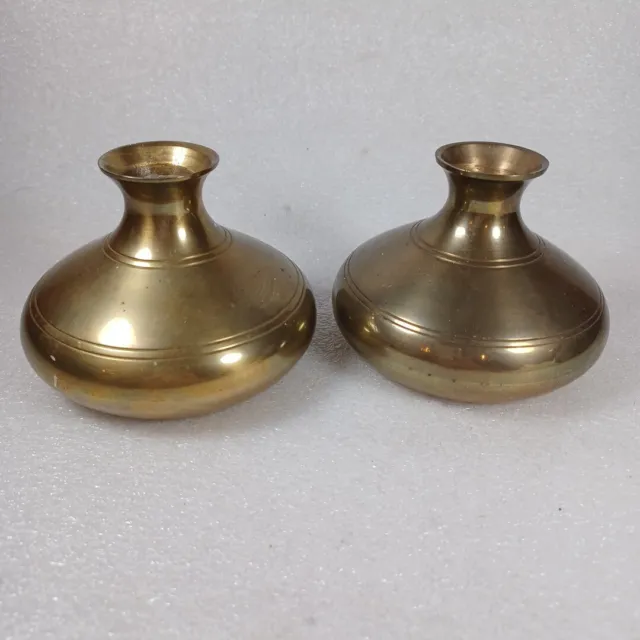 Set Of 2 Vtg Solid Brass Striped Short Wide Bottom Vases MCM Made In India
