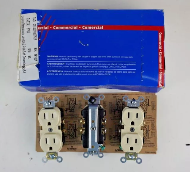 New Leviton Ivory Commercial Outlet Duplex Receptacle 15A 125V CR15-1 Box of 3