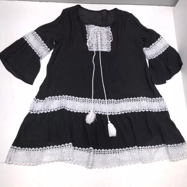 Swimsuit Coverup Dress Women One Size Black White Crochet Lace Trim Boho Peasant