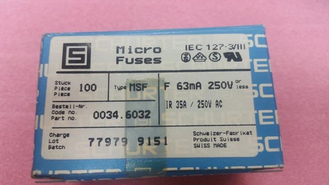 100x 0034.6032 Schurter Fusibles avec Fils (Trou Traversant) Msf F63mA/250v
