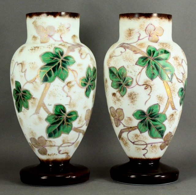 =Victorian 19th/20th c. Bristol Glass Vases Pair of Opaque White w. Painted Ivy