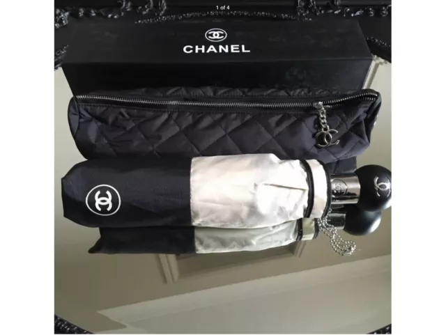 CHANEL Burgundy COCO Pattern Leather Handle and Wood Detail Umbrella