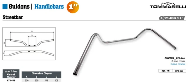 Guidon Moto Vintage Tommaselli 22mm - Aluminium, Style Enduro, Dimensions 815x116x181x133, Italie
