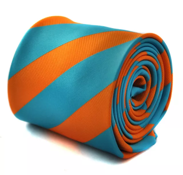 Frederick Thomas Designer Mens Tie - Orange & Turquoise Blue - Repp Club Striped