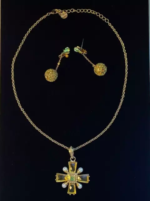 Vintage Sarah Coventry Pendant Necklace & Dangle Ball Earrings Green Stones JCS