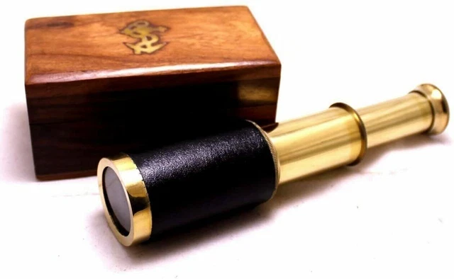 6" Handheld Brass functioning Telescope with Wooden Box - Pirate Navigation new