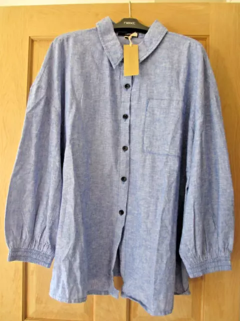 New NEXT Size 20 Blue Linen Mix Blouse Casual Shirt Long Sleeve Collared