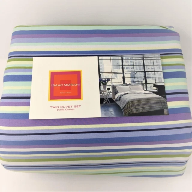 Funda de edredón doble a rayas Isaac Mizrahi + 1 funda de almohada 2 piezas para individual NUEVO
