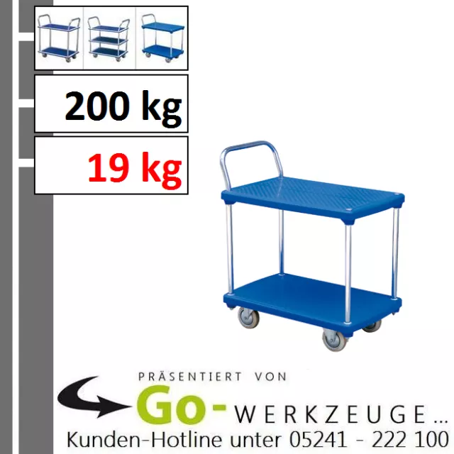Carrello da pavimento in plastica resistente, portata 200 kg, con 2 livelli di ripiano