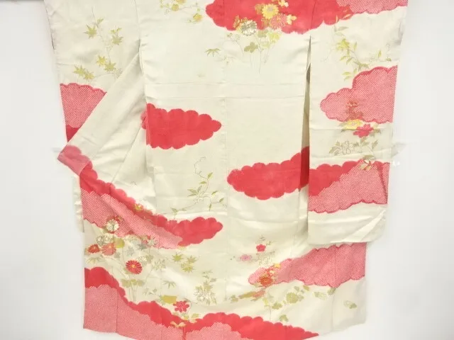09120# Japanese Kimono / Antique Furisode / Embroidery / Shibori / Cloud & F