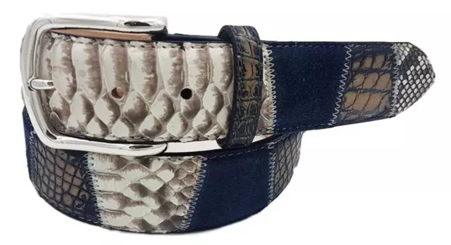 Ceinture bleue 4 cm Patchwork de vrai python, véritable crocodile poncé