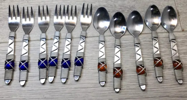 kids Silver metal Spoons and fork set with amber and blue coloured stones x10