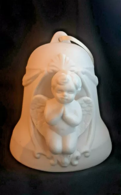 Cupid Angel Praying Kneel Wings Bisque  Ceramic Bell Christmas Ornament Vintage