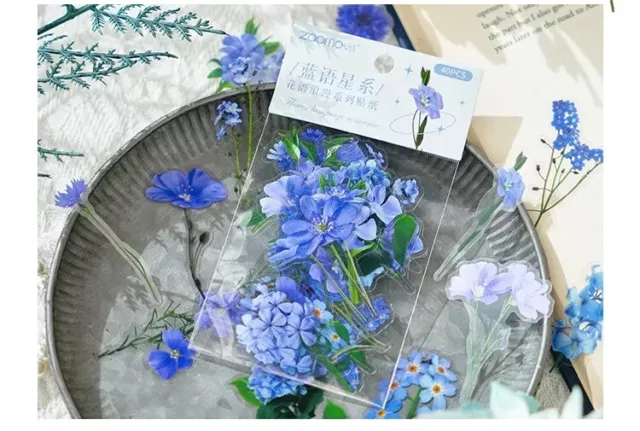 40 Pieces Blue Flower Stickers - Scrapbooking|Journaling|Wall Art