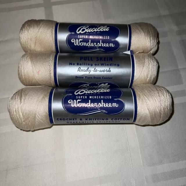 3 Vtg Bucilla Super Mercerized Cotton Wondersheen #9 Ivory Crochet Knit Skeins