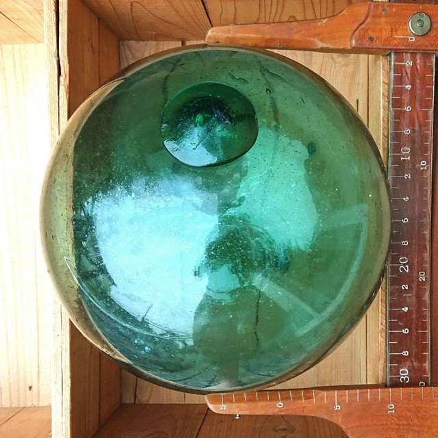 Japanese Glass Fishing Float Buoy Ball Net Green Object Vintage Large 11.8 inch