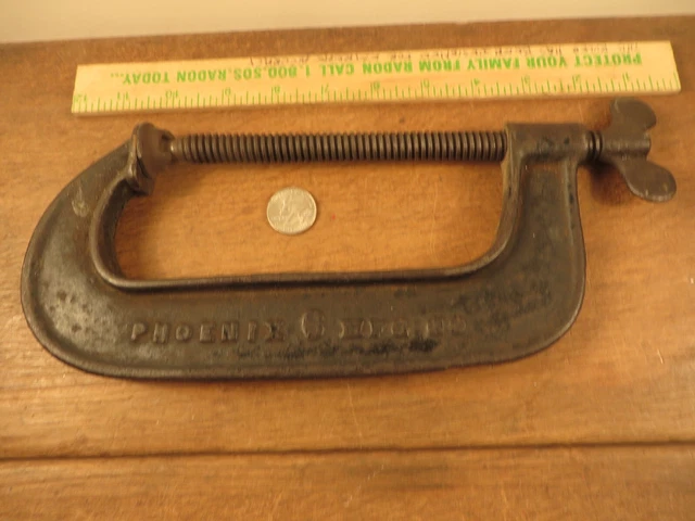 Antique PHOENIX MFG Co - 6” Cast Iron "C" Clamp w/ Batwing Knob - Old USA Tools