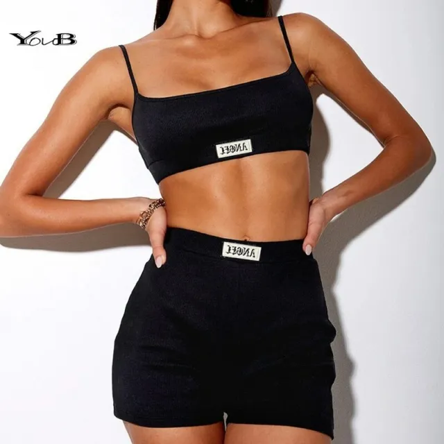 YOUB  Angel Letter Women Set Gym mini crop top Spaghetti Strap Outfit Sport