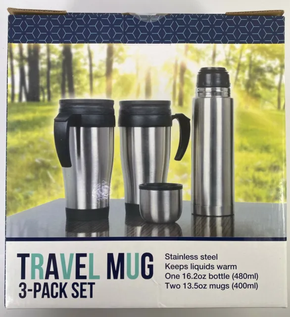 3 Pack Set Travel Mug, Stainless Steel, 1-16.2 oz bottle, 2-13.5oz mugs, NIB NEW